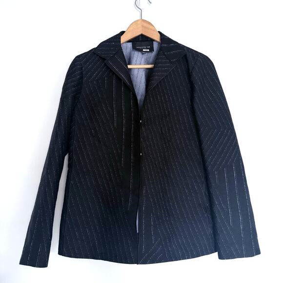 LAFAYETTE 148 navy blue light white striped wool silk blend clasp front blazer - Picture 3 of 10